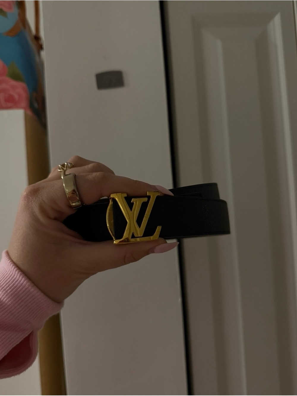 Louis Vuitton Black Leather Belt with Gold LV Buckle